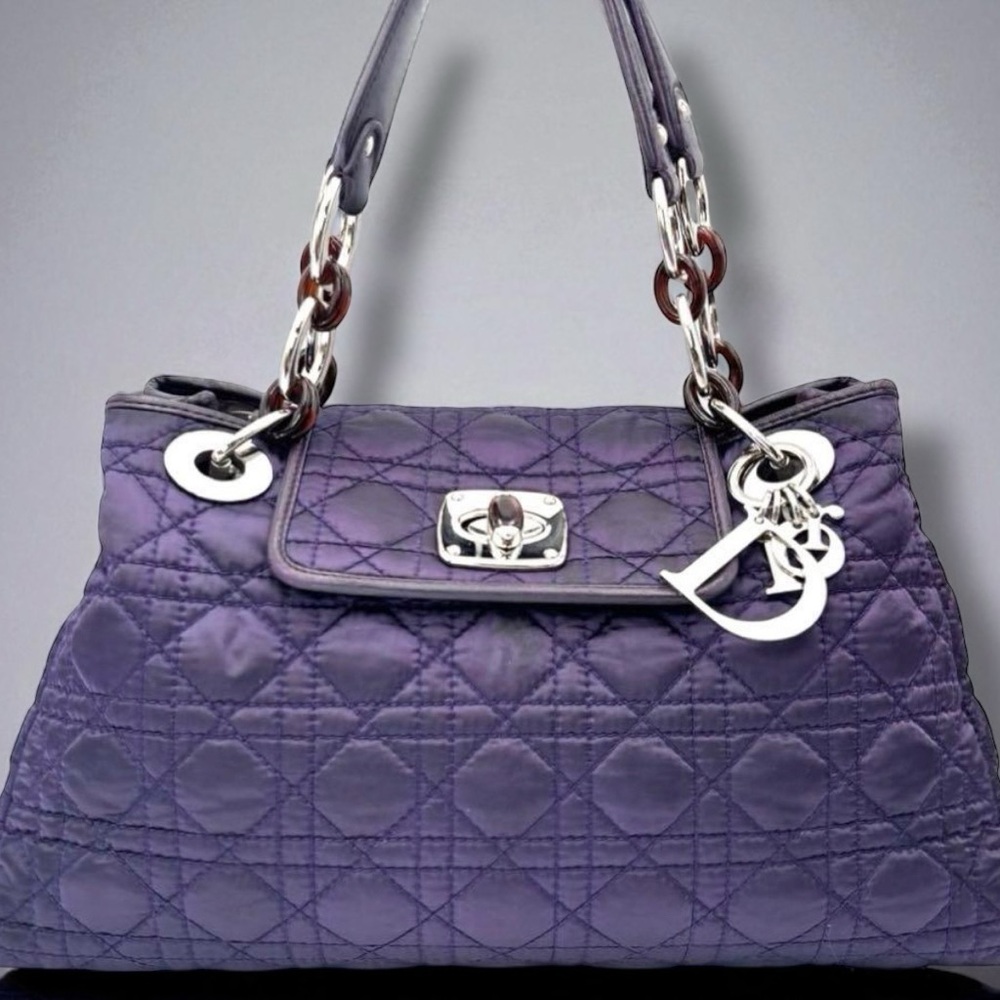Christian Dior Lady Dior Nylon Leather Cannage Charm Handbag PURPLE Quilted COA